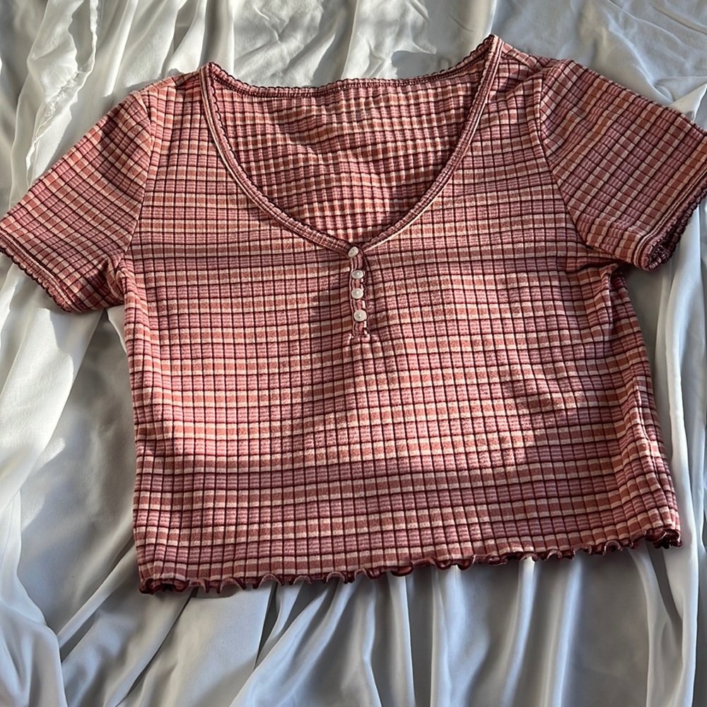 American Eagle maroon, cream, white & pink striped shirt with v neck & buttons